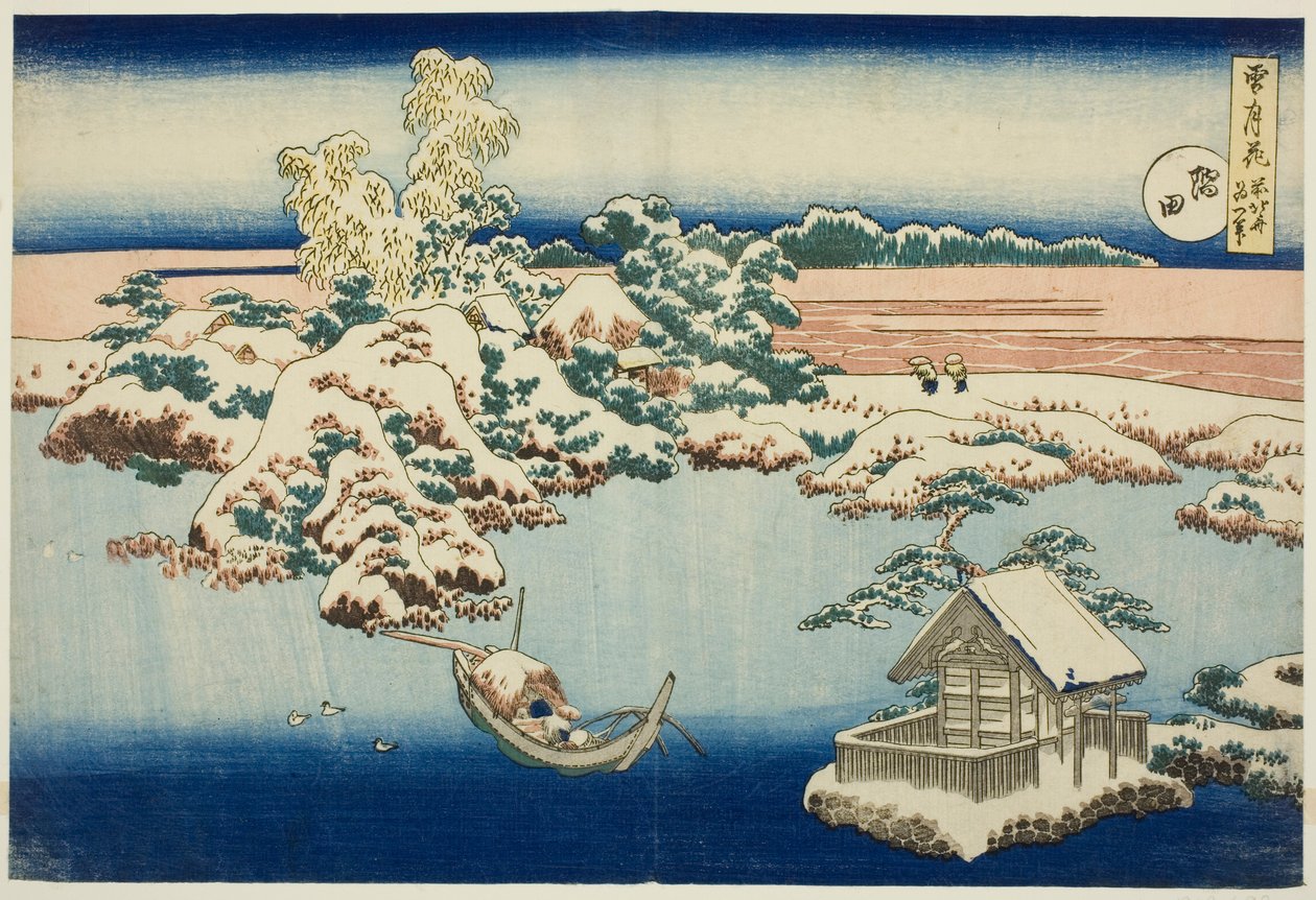 Neve no rio Sumida, da série «Neve, Lua e Flores» de Katsushika Hokusai