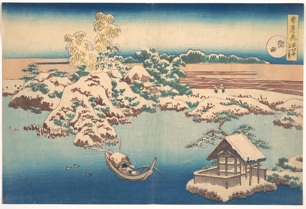 Neve no Rio Sumida, da série Neve, Lua e Flores, pub.1833 de Katsushika Hokusai
