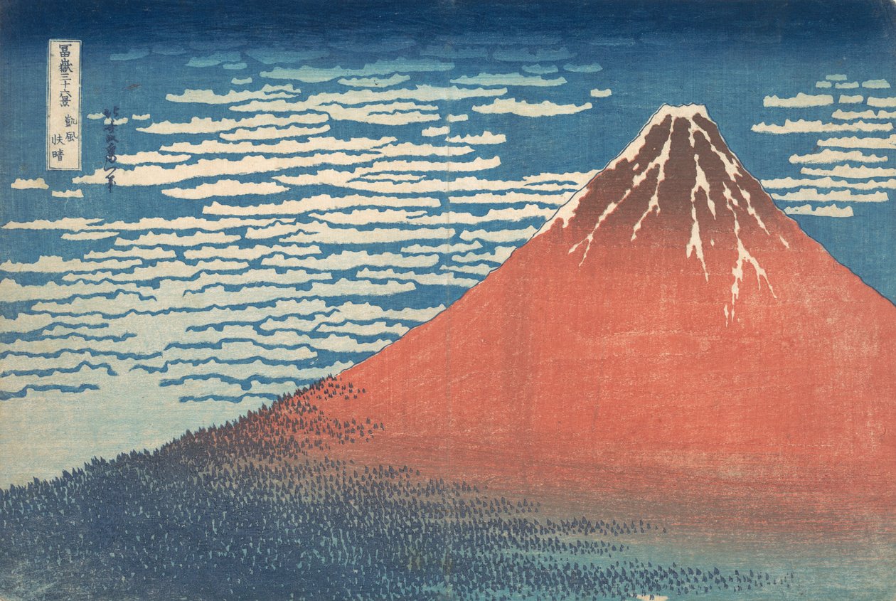 Vento Sul, Céu Claro Gaifu kaisei, também conhecido como Fuji Vermelho, da série Thirt..., ca. 1830-32. de Katsushika Hokusai