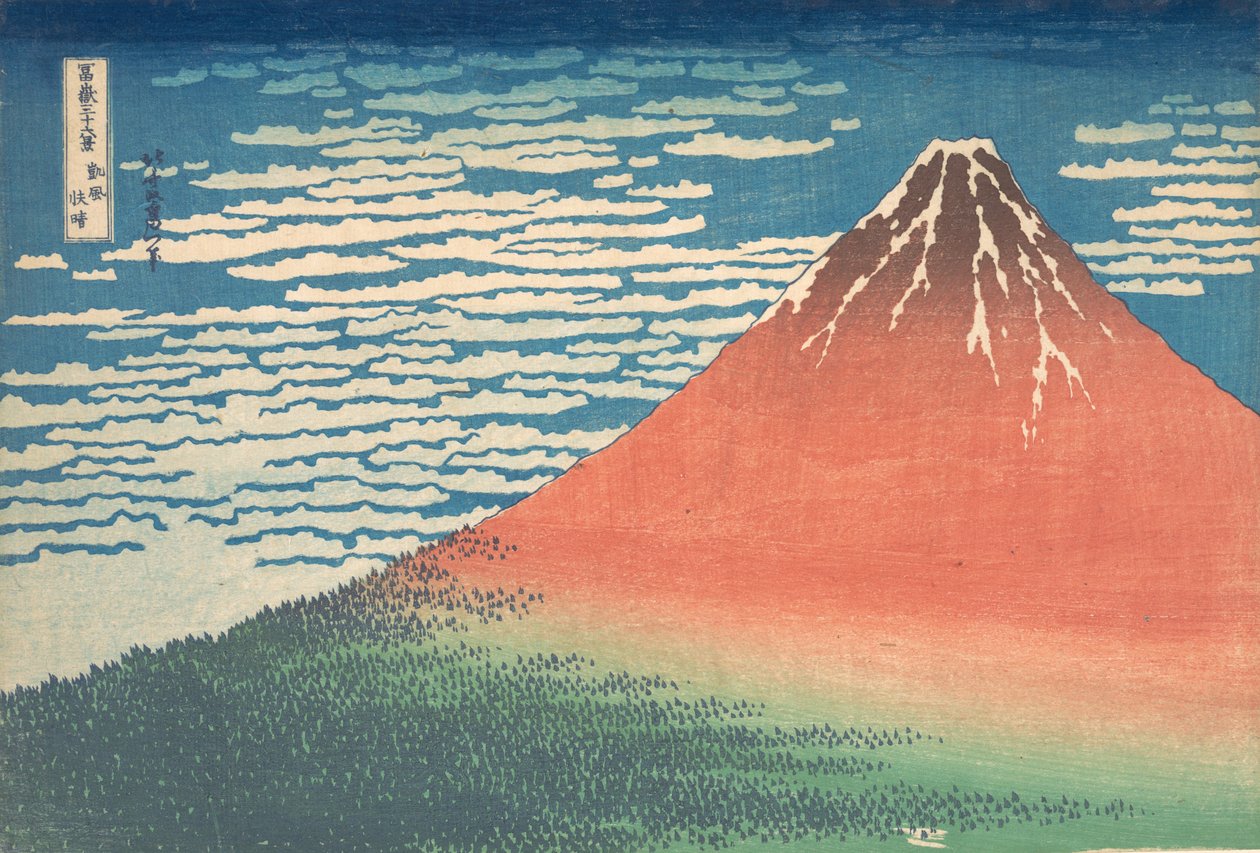 Vento Sul, Céu Claro Gaifu kaisei, também conhecido como Fuji Vermelho, da série Thirt..., ca. 1830-32. de Katsushika Hokusai