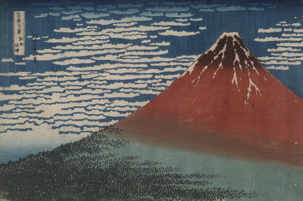 Vento Sul em Clear Dawn, também conhecido como Red Fuji, da série Thirty-Six Views of Mount Fuji de Katsushika Hokusai