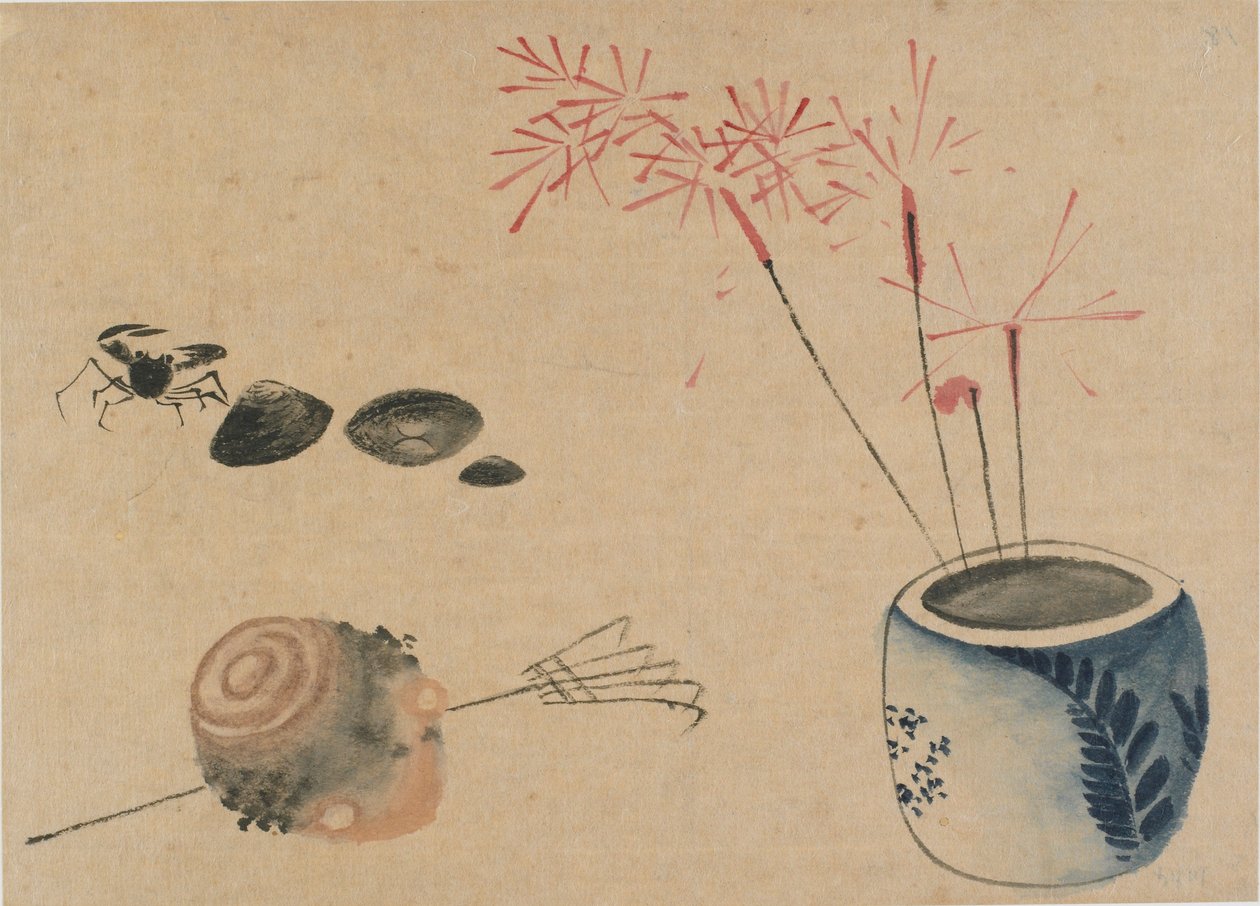 Sparklers, caranguejo e bulbo, final do século 18-início do século 19. de Katsushika Hokusai