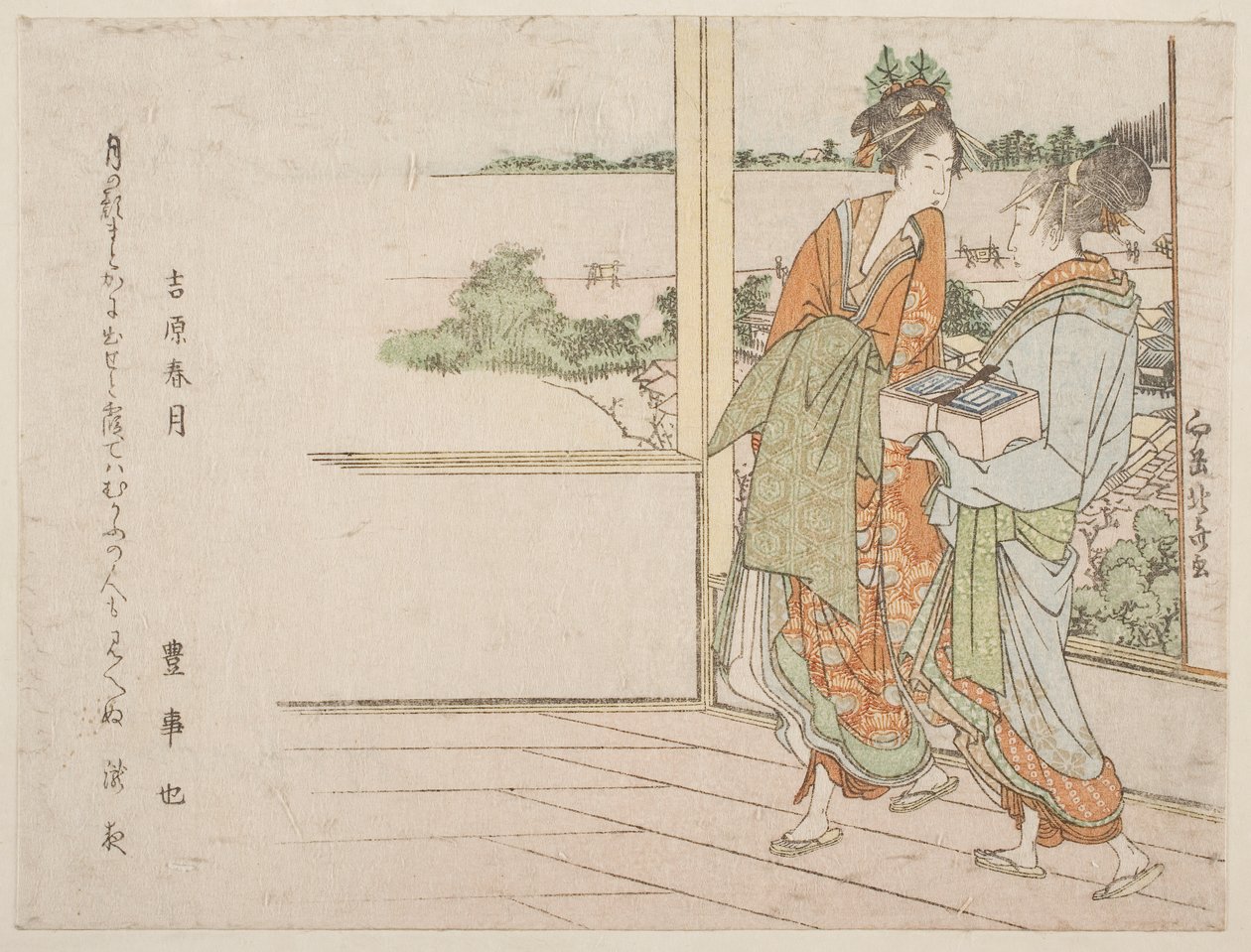 Lua da Primavera sobre Yoshiwara (Yoshiwara shungetsu) (impressão em bloco de madeira) de Katsushika Hokusai