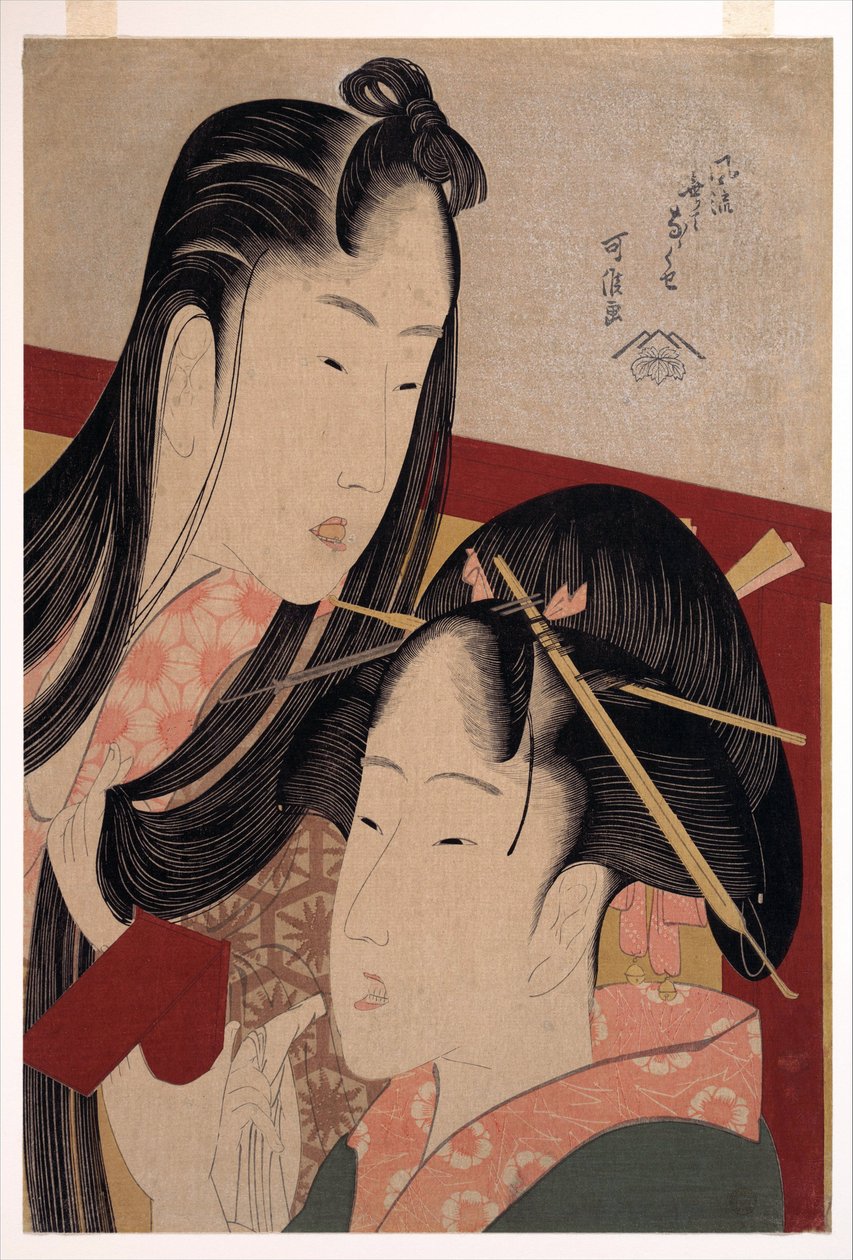 Squeaking a Ground Cherry, da série Seven Fashionable Useless Habits - Hokusai, Katsushika (1760-1849) - c. 1798 - Corte de madeira colorido - 36,4x24,8 - Coleção Particular de Katsushika Hokusai