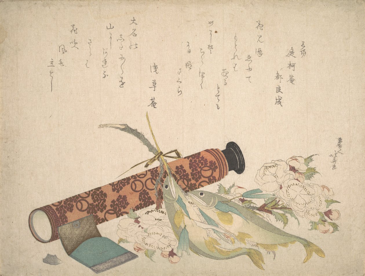 Natureza-morta: Ramo duplo de flor de cerejeira, telescópio, peixe doce e estojo de lenços, c..., ca. 1804-13. de Katsushika Hokusai