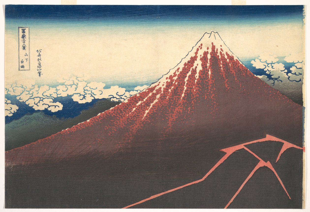 Tempestade ao pé do Monte Fuji (Sanka no haku u), da série «Trinta e seis vistas do Monte Fuji» (Fugaku sanjūrokkei) de Katsushika Hokusai