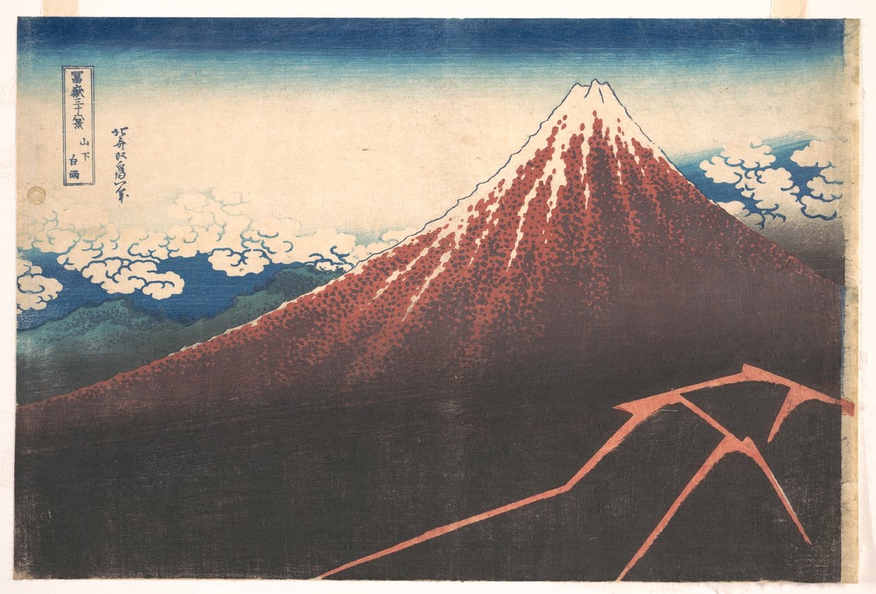 Tempestade ao pé do Monte Fuji (Sanka no haku u), da série «Trinta e seis vistas do Monte Fuji» (Fugaku sanjūrokkei) de Katsushika Hokusai