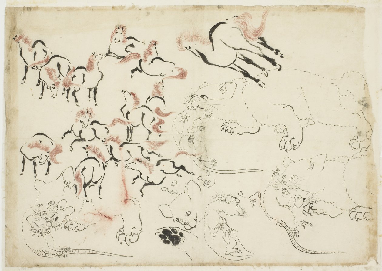 Studies of Horses, Cats and Rats (de "Hokusai Manga"), c.1815-1849 (tinta e cor no papel) de Katsushika Hokusai