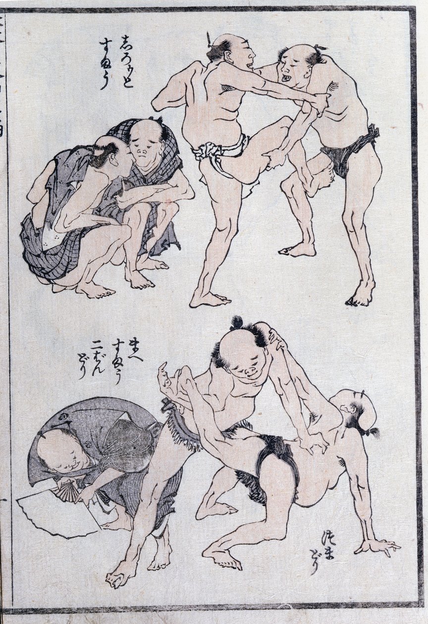 Estudos de gestos e posturas de lutadores, a partir de um mangá (impressão xilogravura colorida) de Katsushika Hokusai