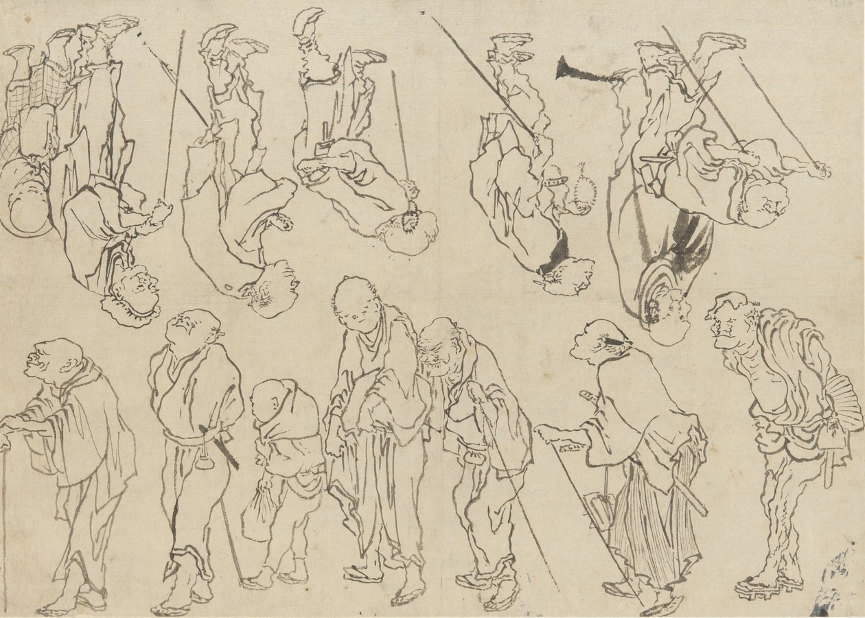 Estudos de peregrinos coxos, período Edo (tinta sobre papel) de Katsushika Hokusai