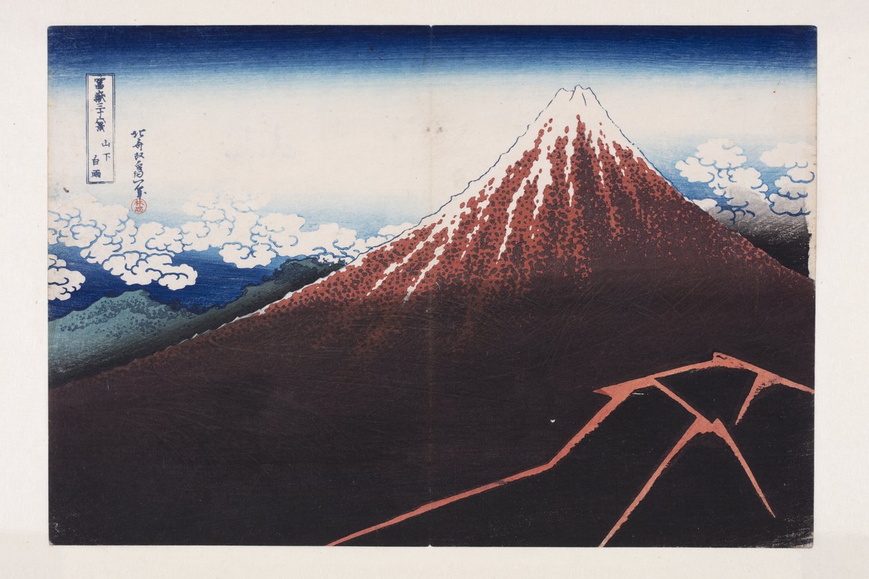 Chuveiro repentino sob o cume (Sanka hakuu) (impressão em bloco de madeira colorida) de Katsushika Hokusai