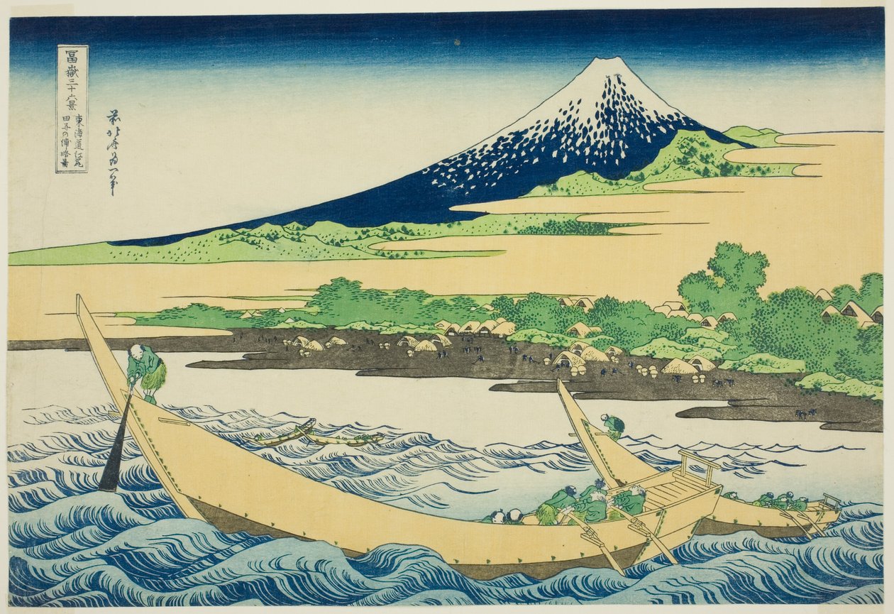 Tagonoura Bay perto de Ejiri no Tōkaidō (Tōkaidō Ejiri Tagonoura ryakuzu), da série Trinta e Seis Vistas do Monte Fuji (Fugaku sanjūrokkei) de Katsushika Hokusai
