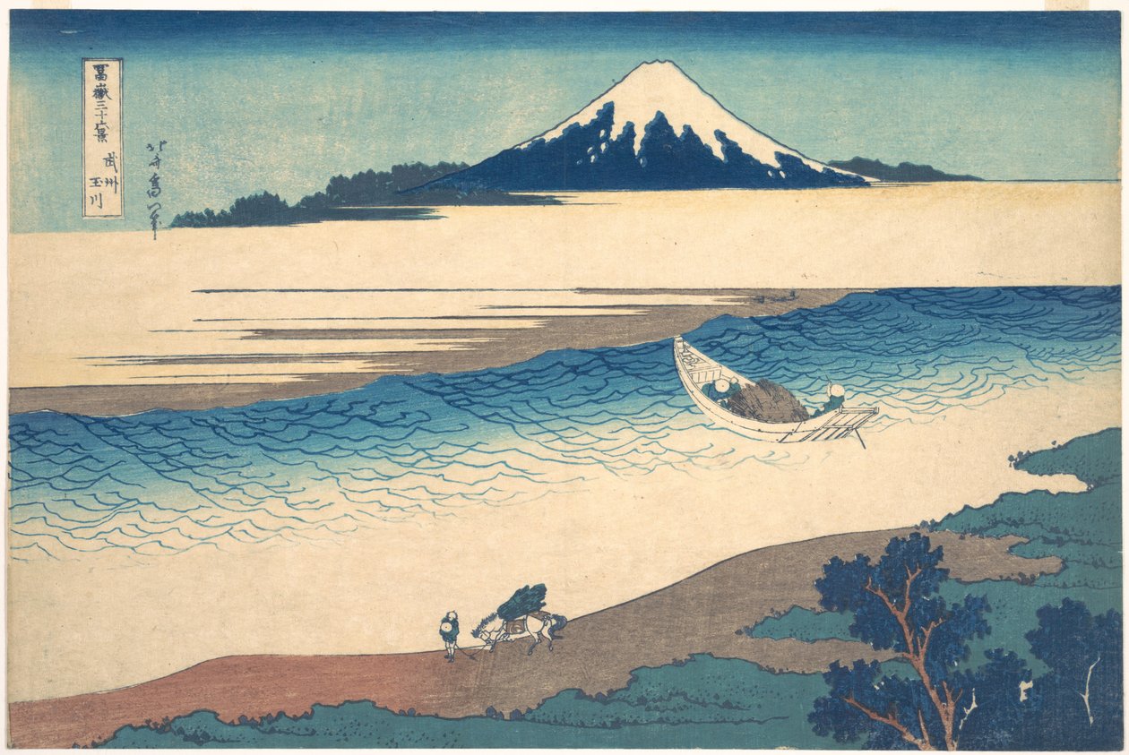 O rio Tama na província de Musashi (Bushū Tamagawa), da série «Trinta e seis vistas do Monte Fuji» (Fugaku sanjūrokkei) de Katsushika Hokusai