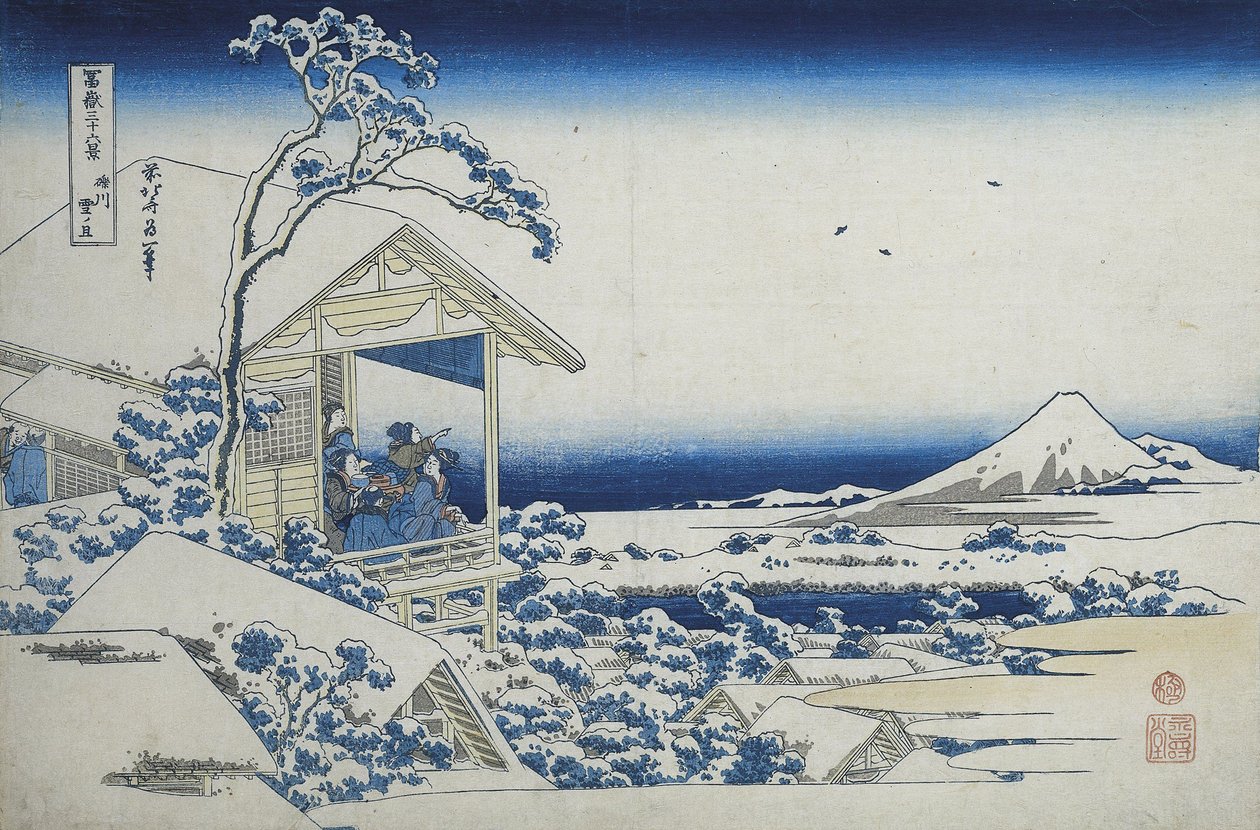 Casa de chá em Koishikawa, a manhã depois de uma queda de neve, c.1830 (xilogravura) de Katsushika Hokusai