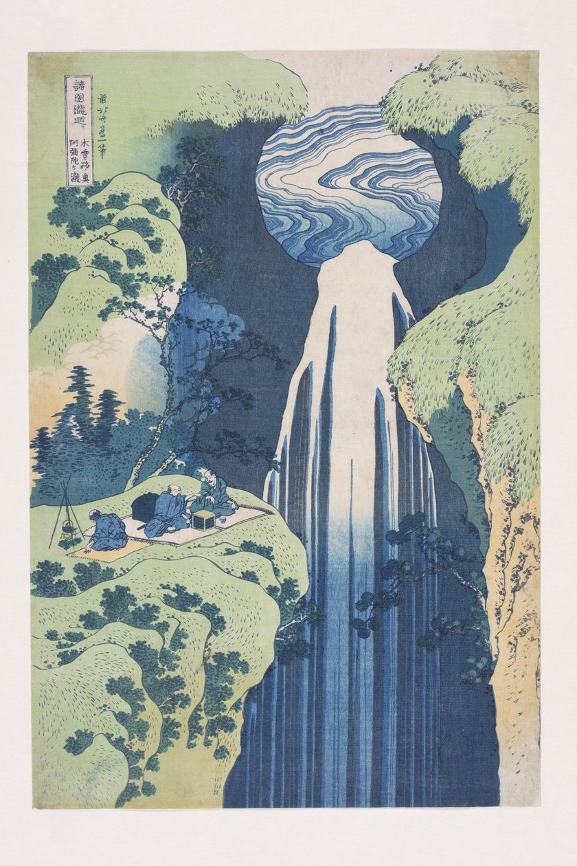 As Cataratas de Amida nas Extremas Trincheiras do Kisokaid? Road (Kisoji no oku Amida-ga-taki) (impressão em bloco de madeira colorida) de Katsushika Hokusai