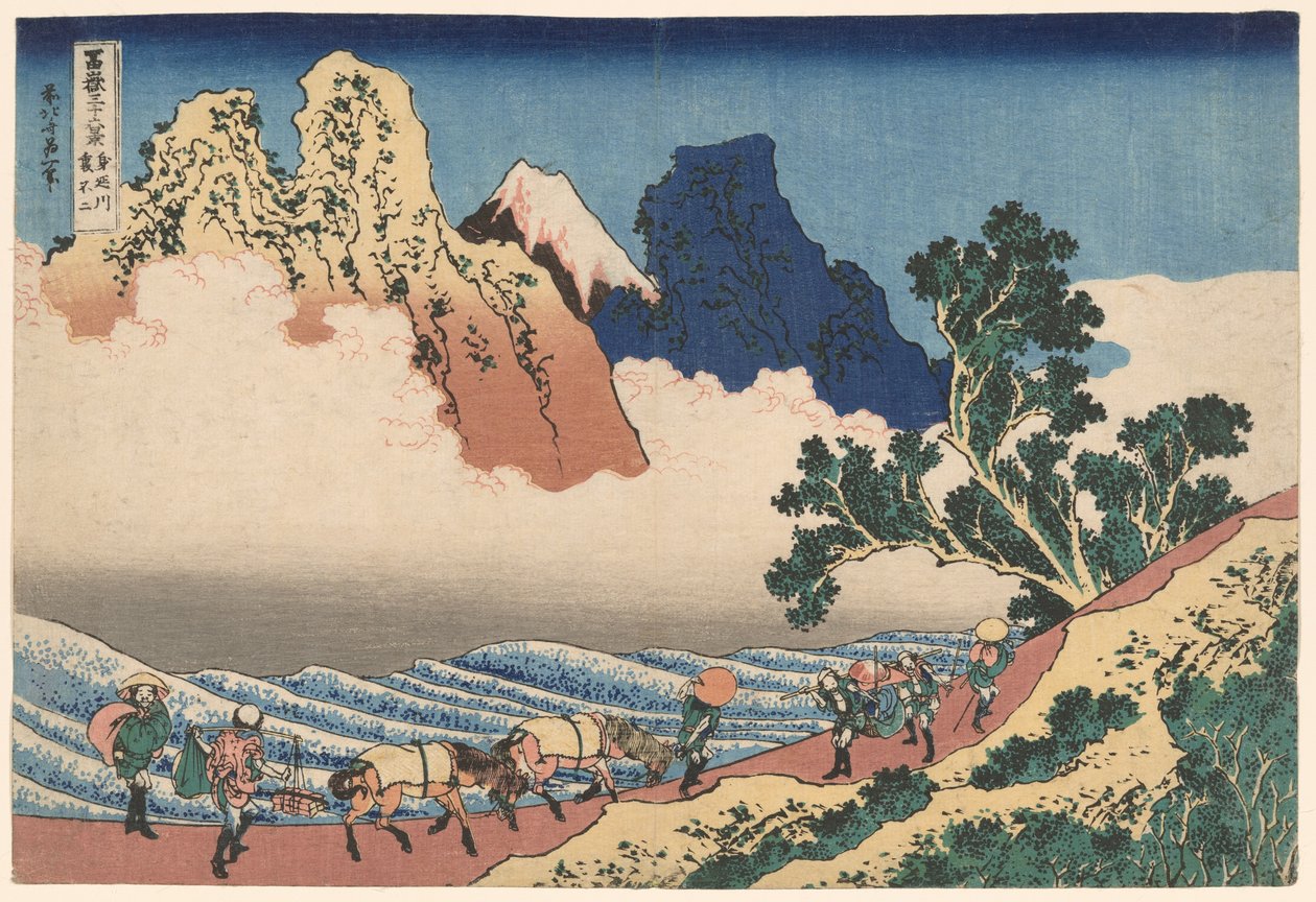 A parte de trás do Monte Fuji visto do Rio Minobu (Minobugawa Urafuji), da série Trinta e Seis Vistas do Monte Fuji (Fugaku sanjūrokkei) de Katsushika Hokusai
