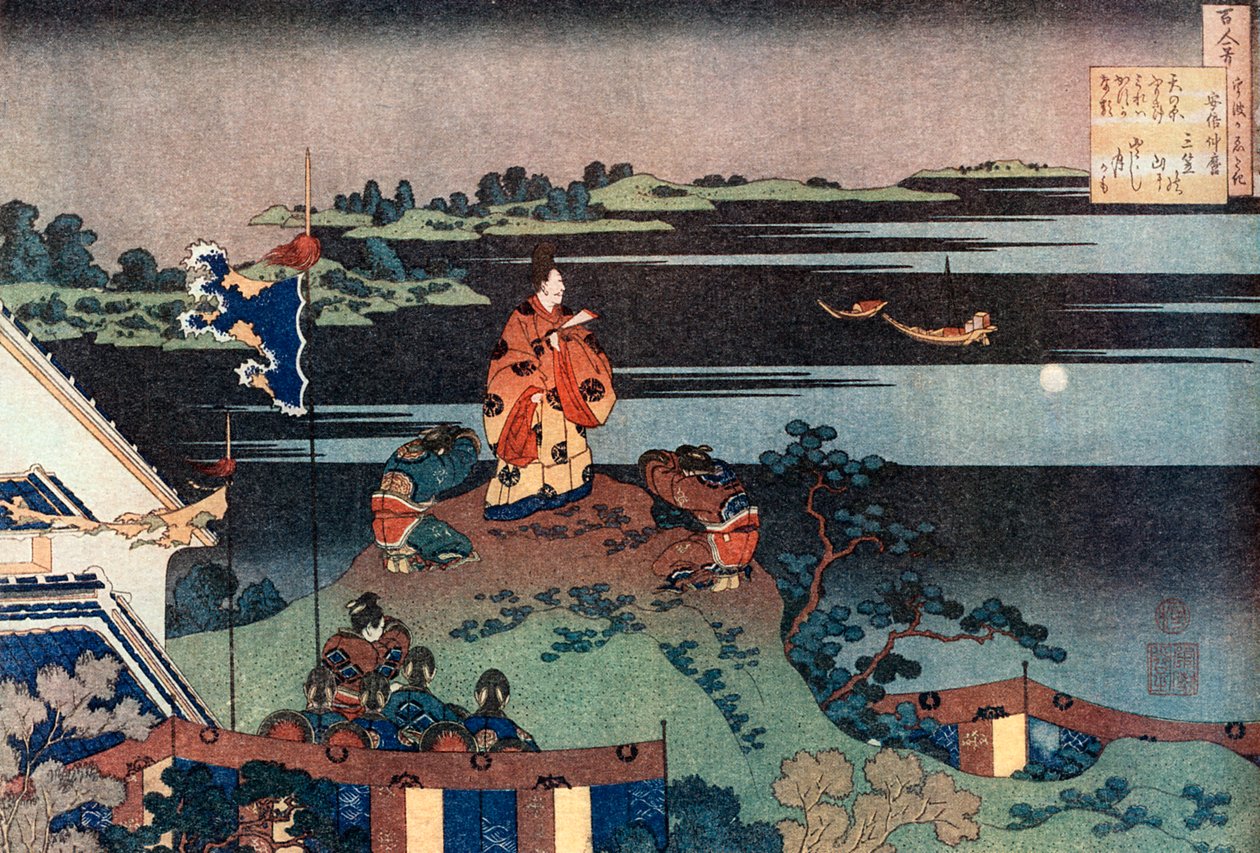 O poeta exilado Nakamaro Abe no Nakamaro, c1838. de Katsushika Hokusai