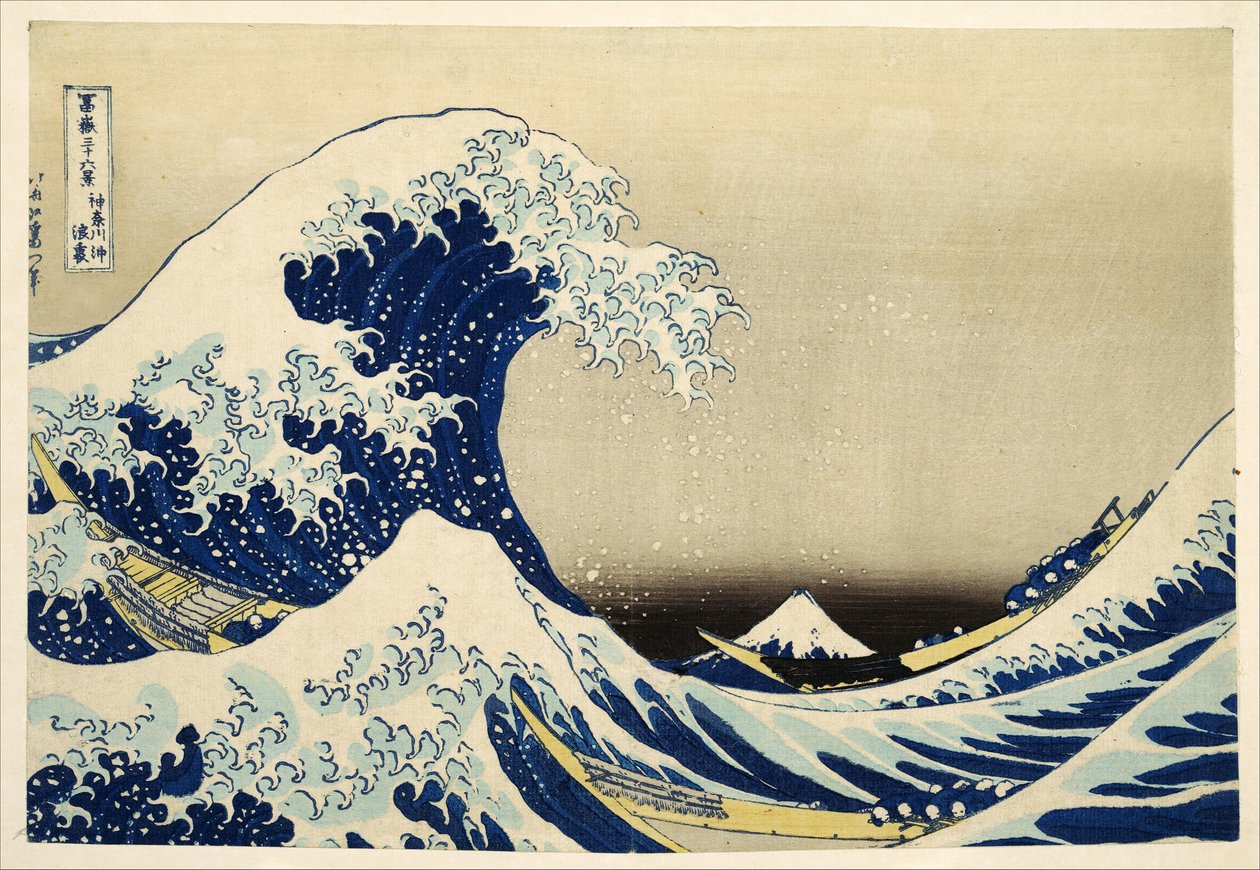 A Grande Onda fora de Kanagawa da série 36 Vistas de Mt. Fuji; 1831 (impressão em xilogravura colorida à mão) de Katsushika Hokusai