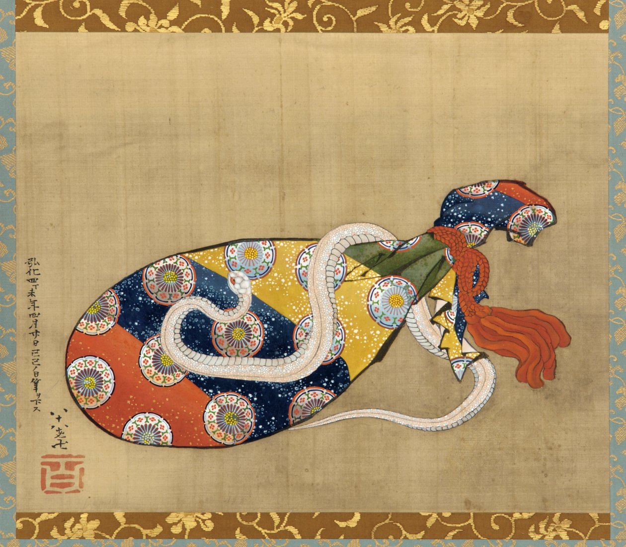 O Alaúde e a Cobra Branca de Benten, Período Edo, 1847 (tinta e cor de seda) de Katsushika Hokusai