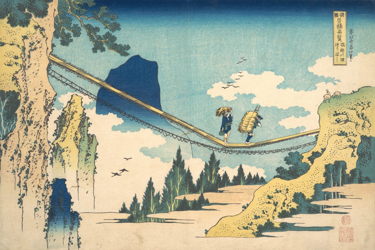 A Ponte Suspensa na Fronteira das Províncias de Hida e Etchu Hietsu no sakai tsuri..., ca. 1830. de Katsushika Hokusai