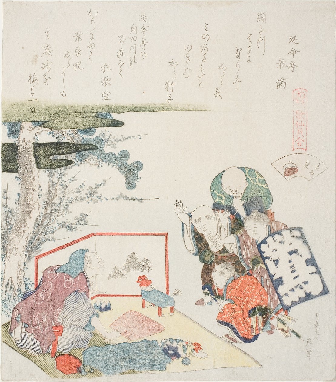 The Toy Seller, ilustração para The Fresh-Water Clam (Shijimigai), da série "A Matching Game with Genroku-period Poem Shells (Genroku kasen kai awase)" de Katsushika Hokusai