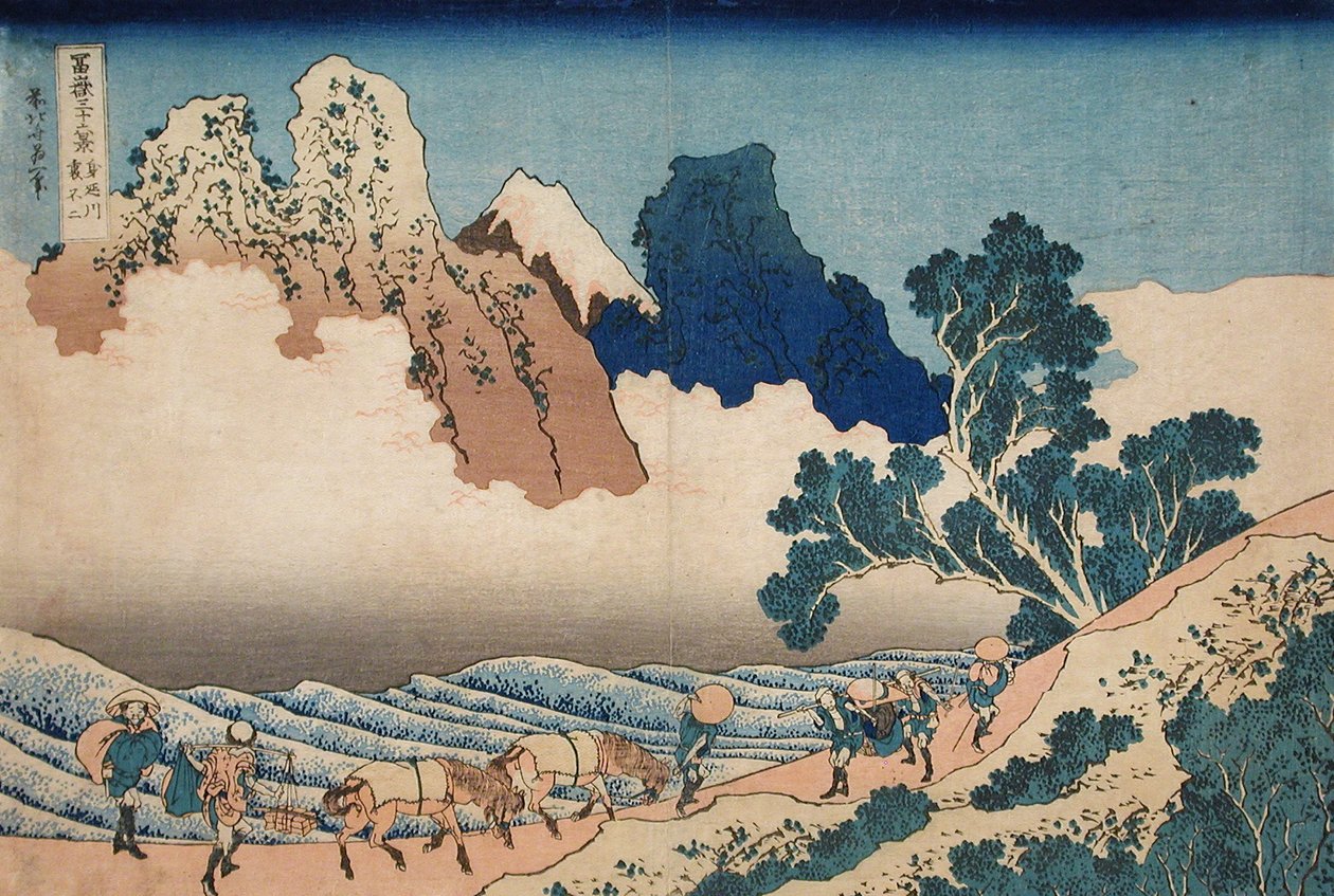 A parte de trás do Fuji do rio Minobu, c.1830 (impressão em xilogravura) de Katsushika Hokusai