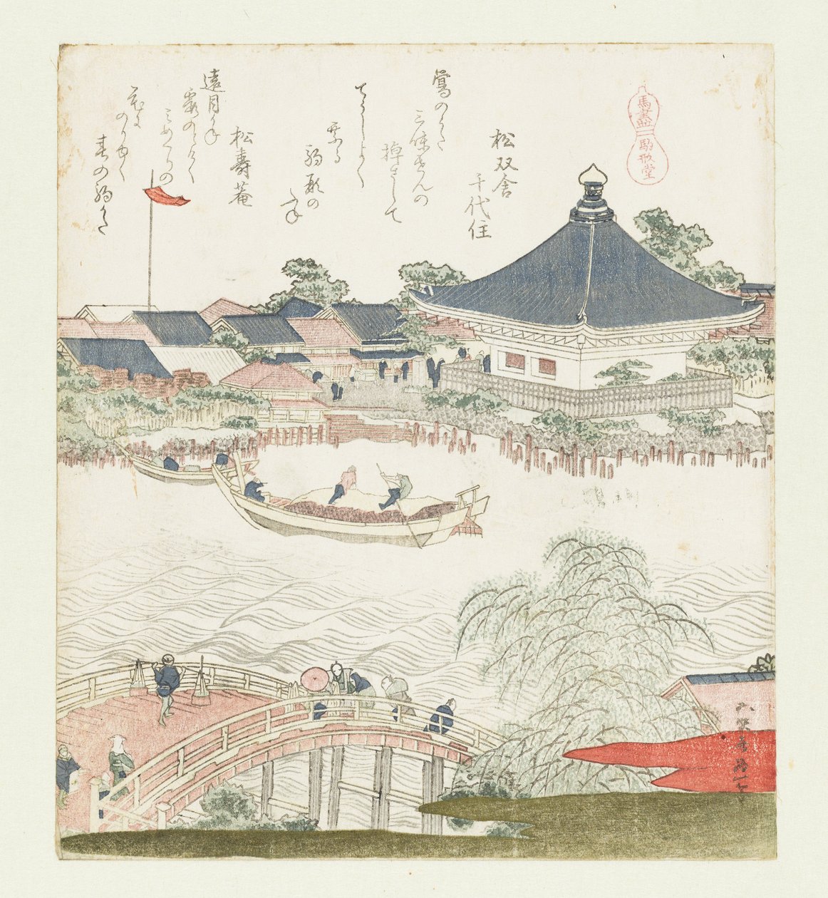 As margens do rio Sumida, Komatomeishi. Tríptico da série Umazukushi, parte direita, 1822. de Katsushika Hokusai