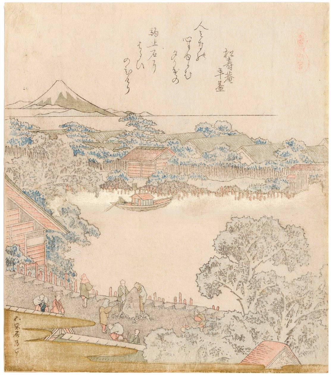 As margens do rio Sumida, Komatomeishi. Tríptico da série Umazukushi, parte esquerda, 1822. de Katsushika Hokusai