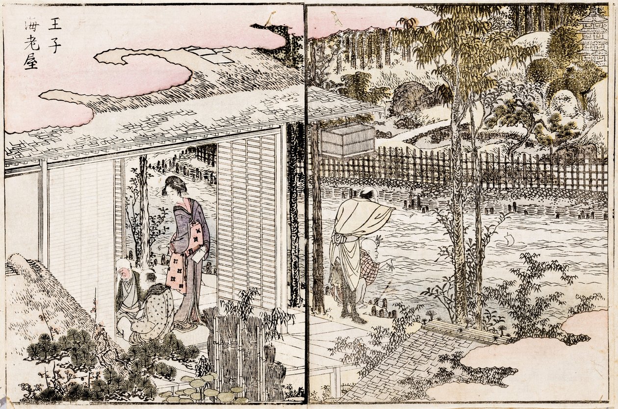O restaurante Ebiya em Oji. Da série Prazeres na Capital Oriental, 1802. de Katsushika Hokusai
