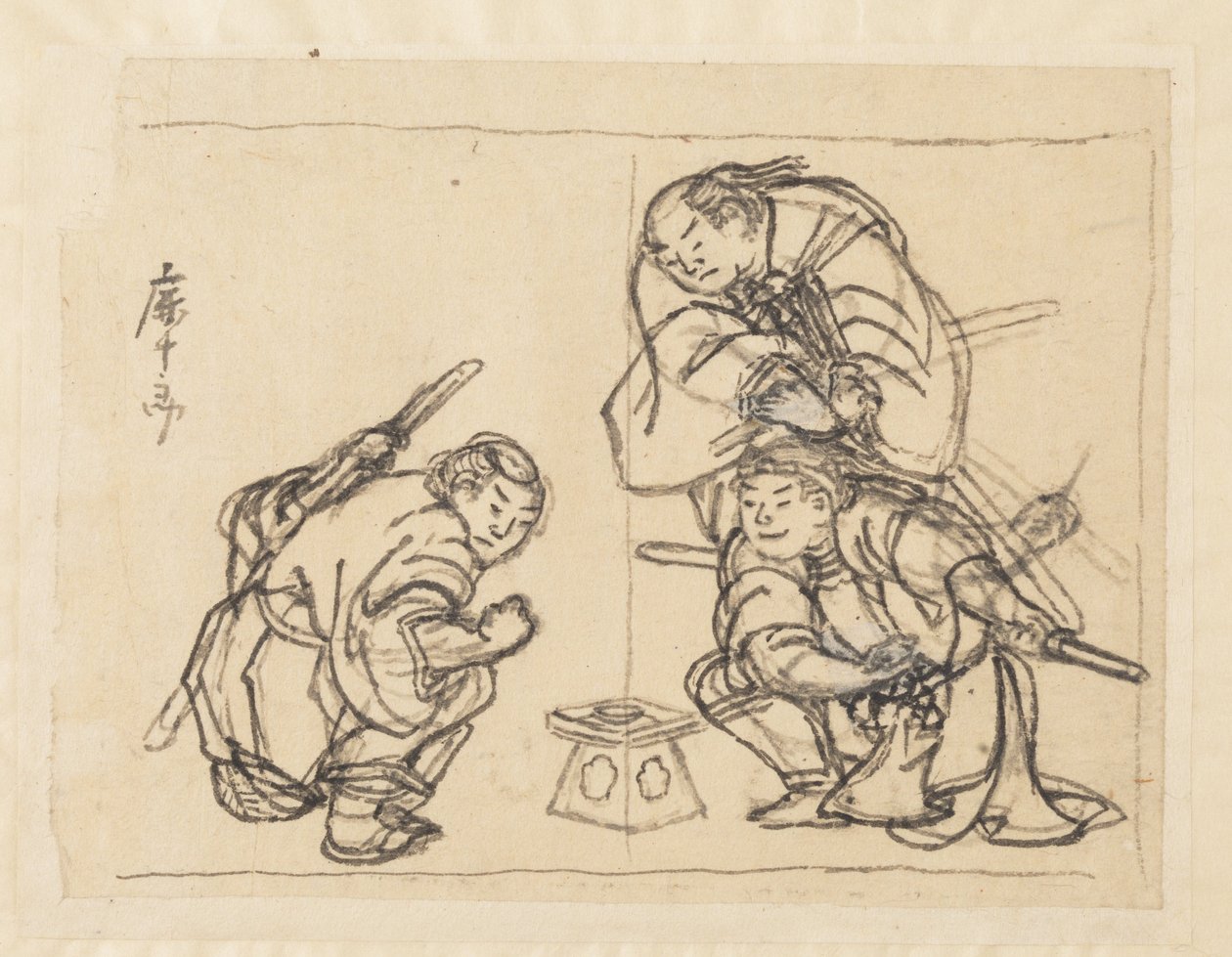 Três homens com uma bandeja de Katsushika Hokusai