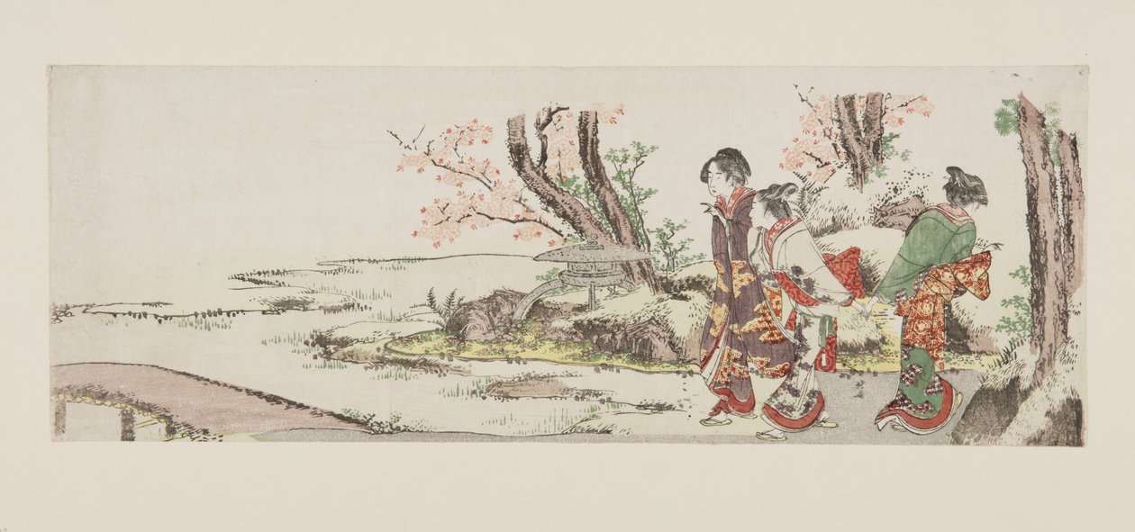 Três mulheres vendo a flor de cerejeira (impressão em bloco de madeira colorida) de Katsushika Hokusai