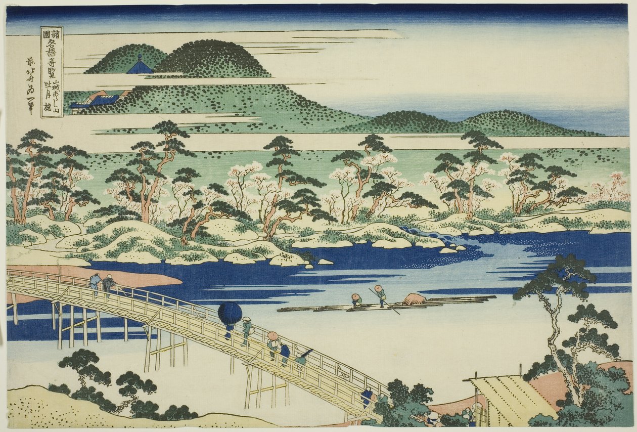 Ponte Togetsu em Arashiyama na província de Yamashiro (Yamashiro Arashiyama no Togetsukyo), da série "Vistas incomuns de pontes famosas em várias províncias (Shokoku meikyo kiran)" de Katsushika Hokusai