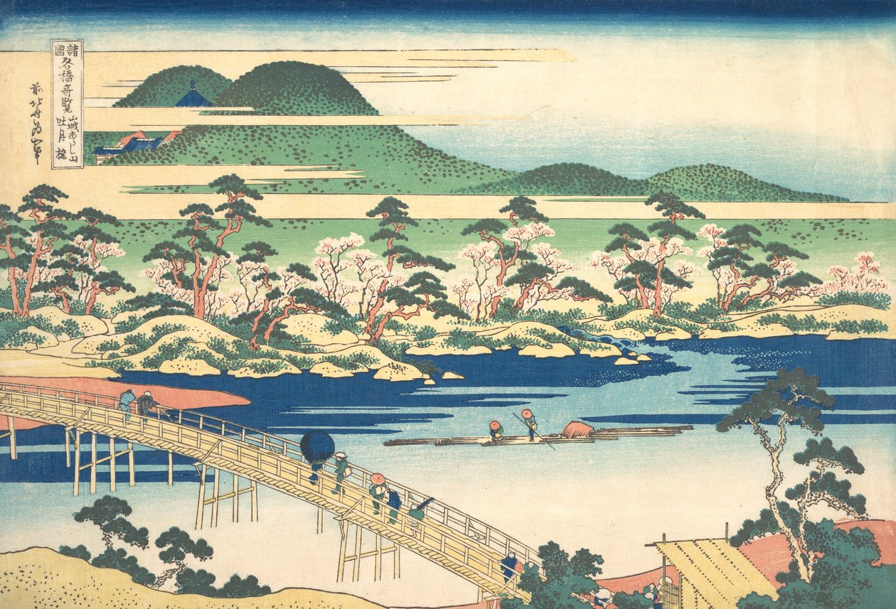 Ponte Togetsu em Arashiyama em Yamashiro, da série Vistas notáveis de pontes..., ca. 1830. de Katsushika Hokusai