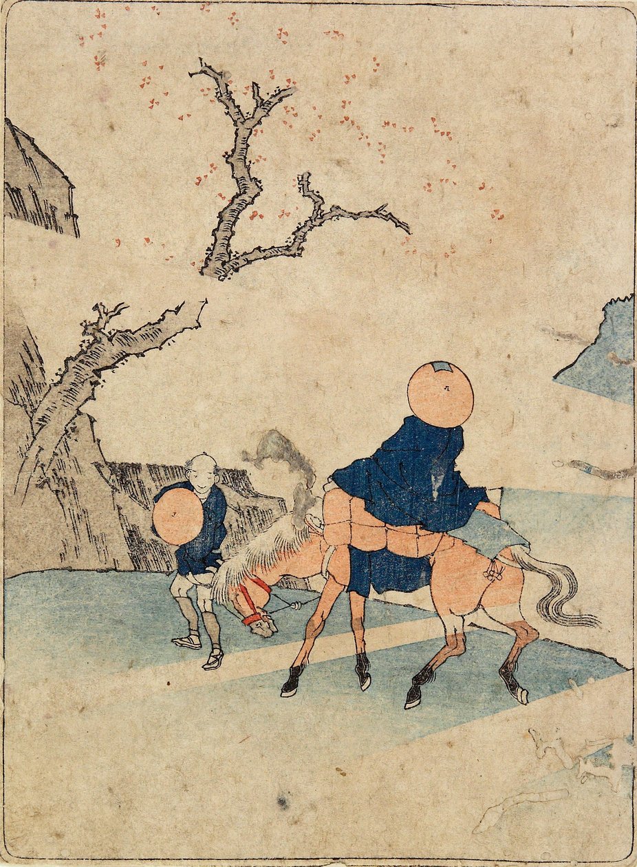 Viajante a cavalo sob uma cerejeira em flor de Katsushika Hokusai