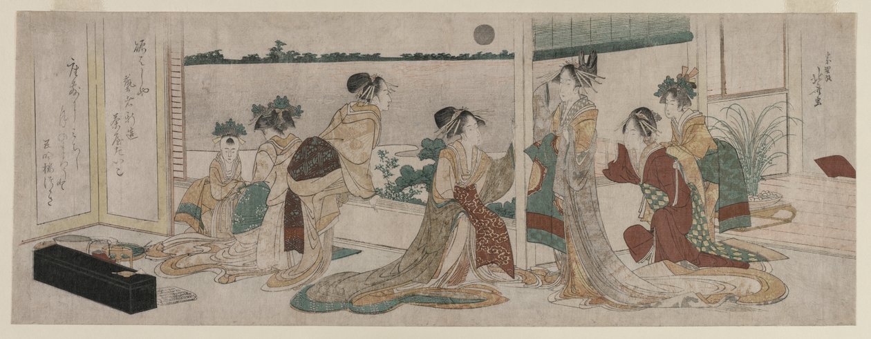 Tsukasa e outros cortesãos de Ogiya observando o nascer da lua de outono ..., 1799. de Katsushika Hokusai