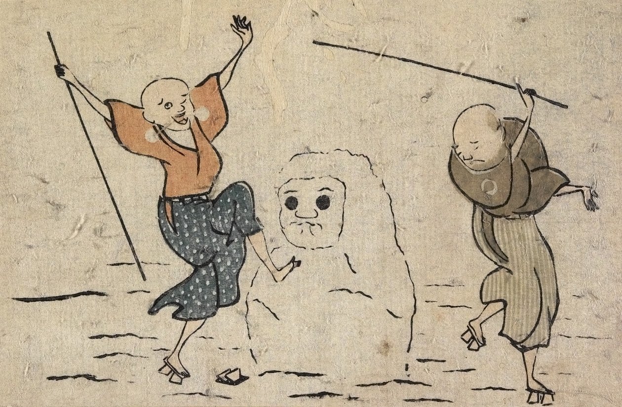 Dois homens cegos e boneco de neve de Katsushika Hokusai
