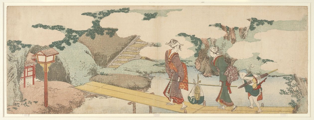 Duas mulheres e um rapaz no passeio marítimo de Katsushika Hokusai