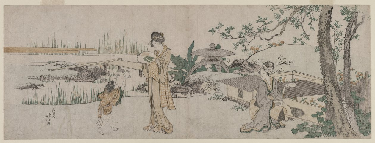 Duas mulheres e uma criança ao lado de um tanque de peixes dourados de Katsushika Hokusai