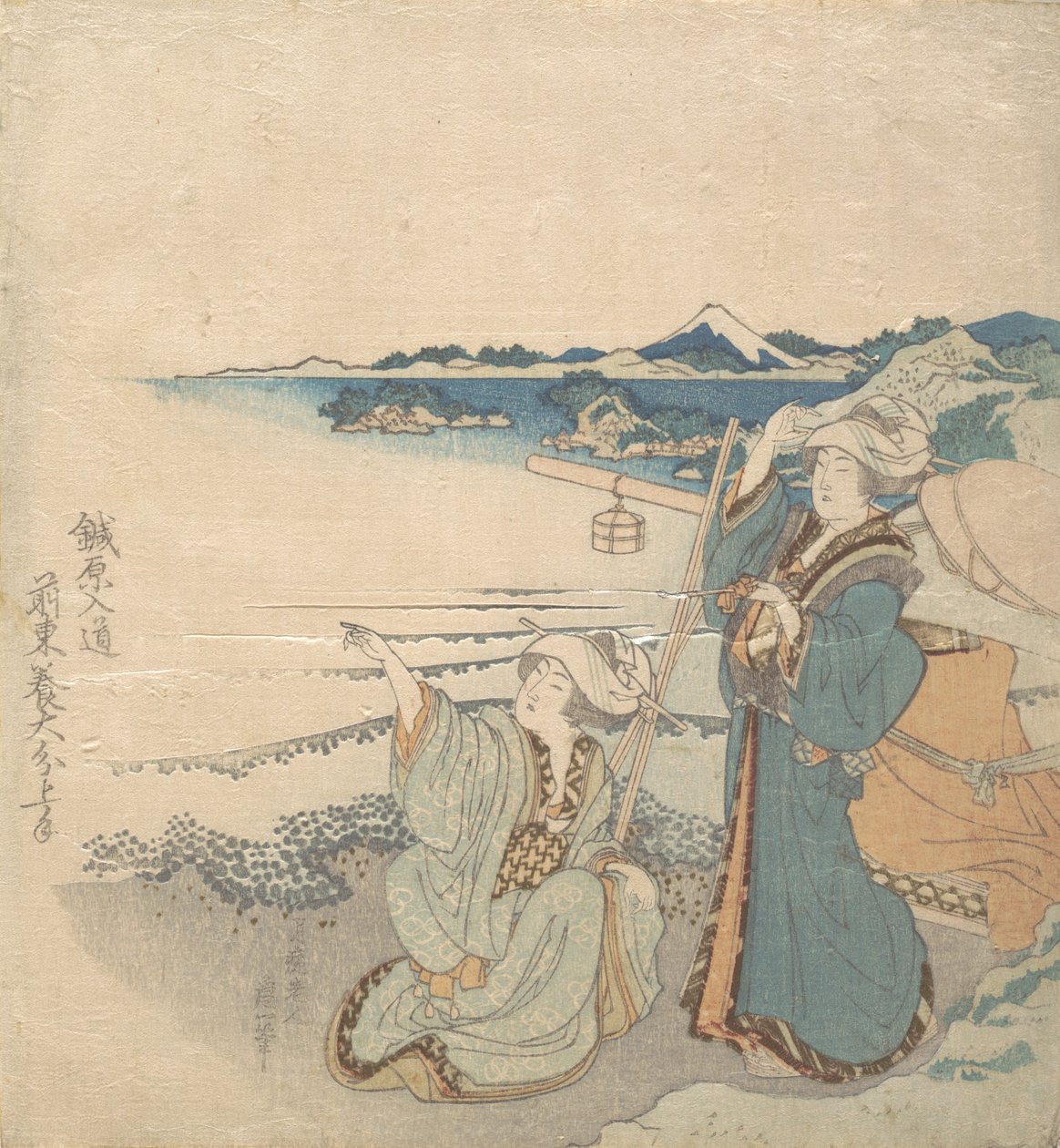 Duas moças na costa, uma apontando. de Katsushika Hokusai