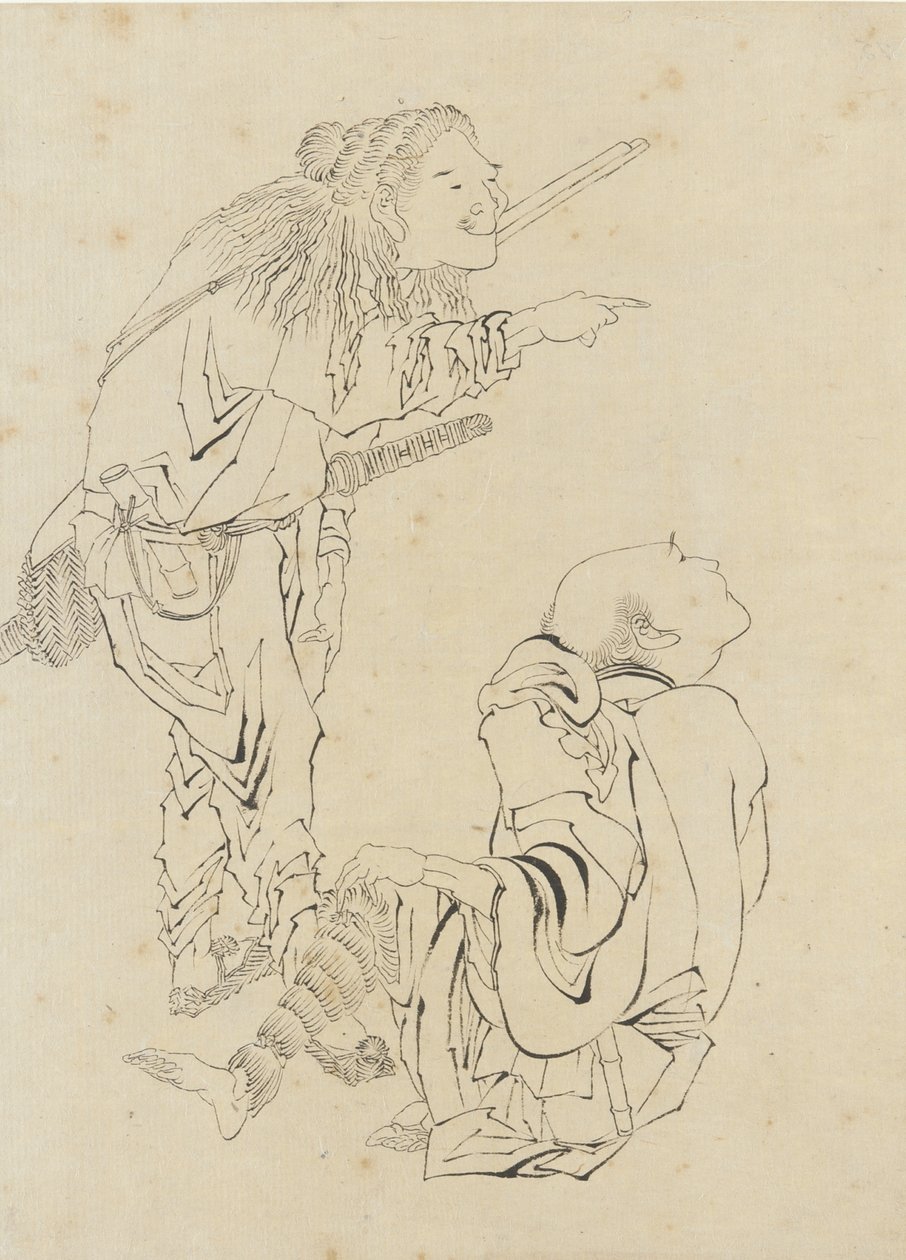 Dois caçadores, período Edo (tinta no papel) de Katsushika Hokusai