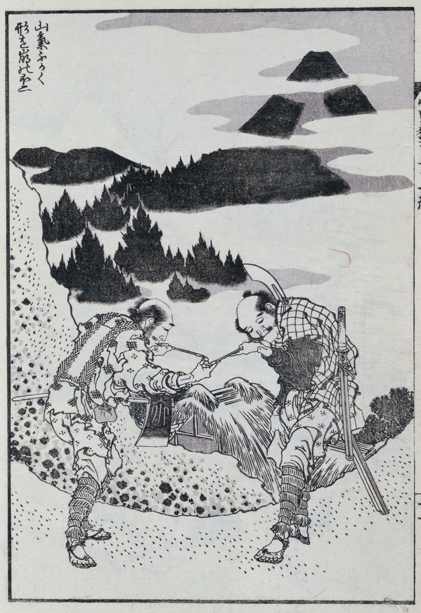 Dois homens, de um mangá (impressão em xilogravura colorida) de Katsushika Hokusai