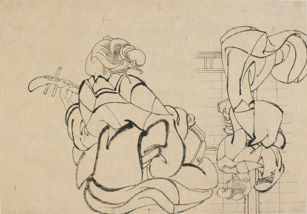 Dois esboços: senhora jogando samisen e senhora de costas para observador..., final do século XVIII-início do século XIX. de Katsushika Hokusai