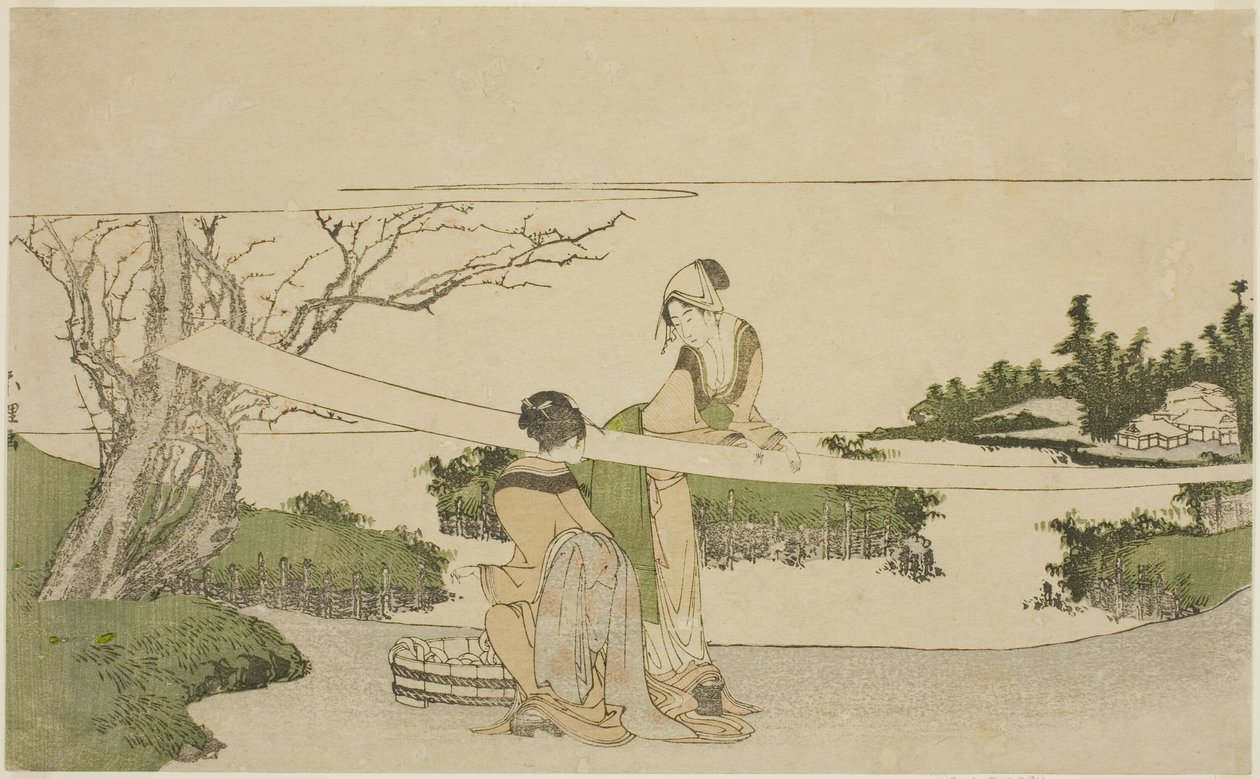Duas mulheres esticando o pano de Katsushika Hokusai