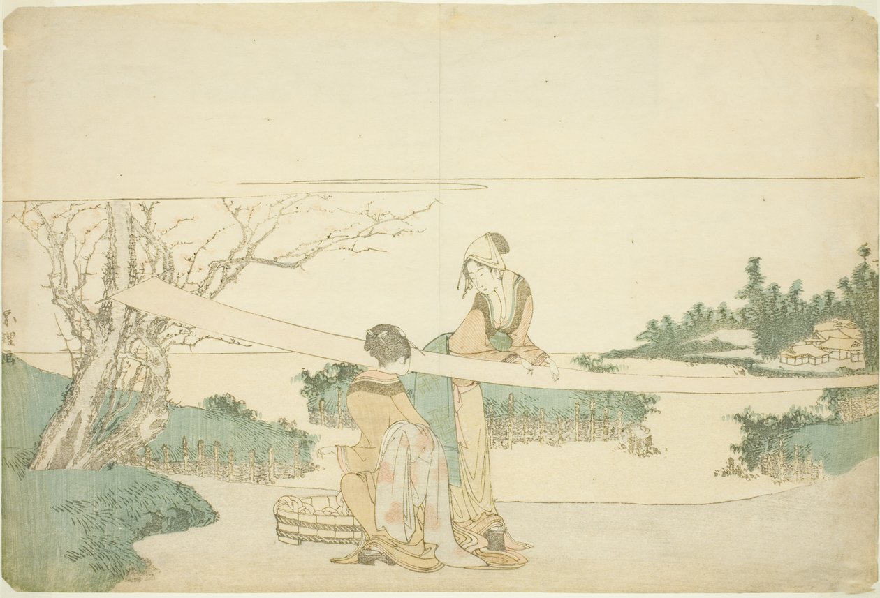 Duas mulheres esticando o pano de Katsushika Hokusai