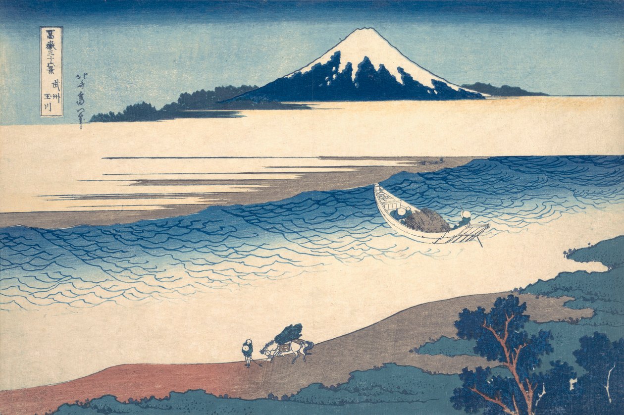 Ukiyo-e Impressão do Rio Tama e do Monte Fuji por Hokusai de Katsushika Hokusai