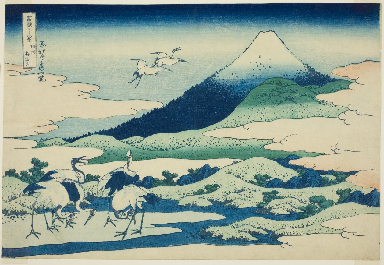 Sagami P Rovinse, membro de Marsh Umezawa (sakê não refinado Umezawa à esquerda), da série ``Ti rty x Views of mount Fuji (Fugaku Kasaju Rokukei)