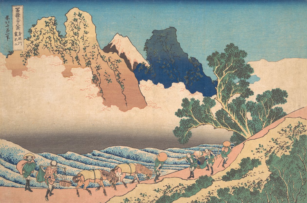 Vista do outro lado do Fuji do Rio Minobu Minobgawa ura Fuji, de ..., ca. 1830-32. de Katsushika Hokusai