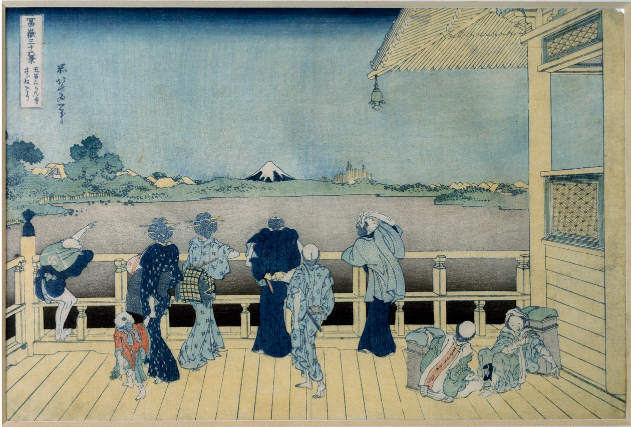 Vista do Monte Fuji no Japão admirando o Monte Fuji a partir de uma casa sobre palafitas. Série "As 36 vistas do Monte Fuji" estampa japonesa de Katsushika Hokusai (1760-1849) 1829-1833 Sol. 36,9x24,8 cm Colecção privada de Katsushika Hokusai