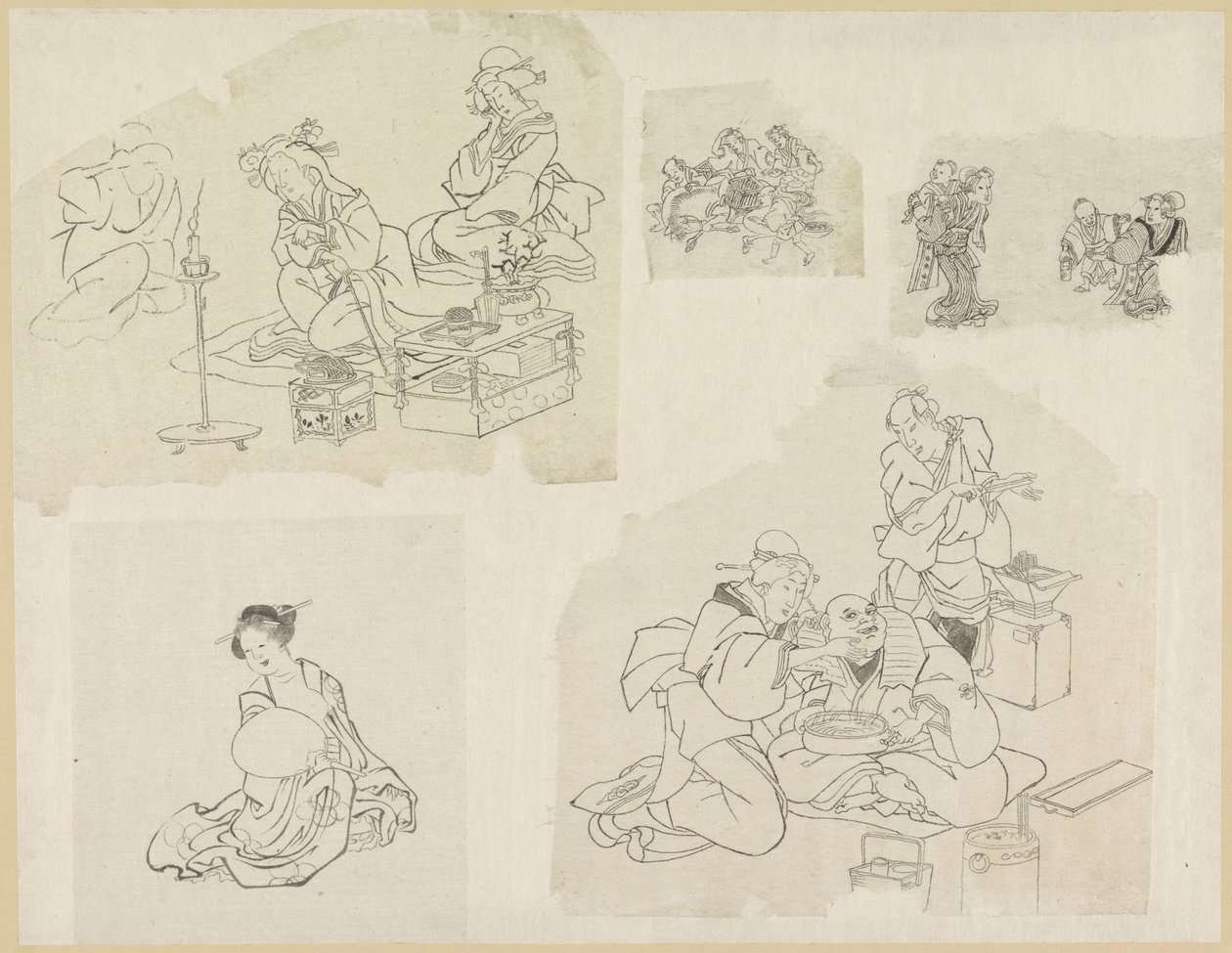 Cinco representações de pessoas em diferentes situações de Katsushika Hokusai