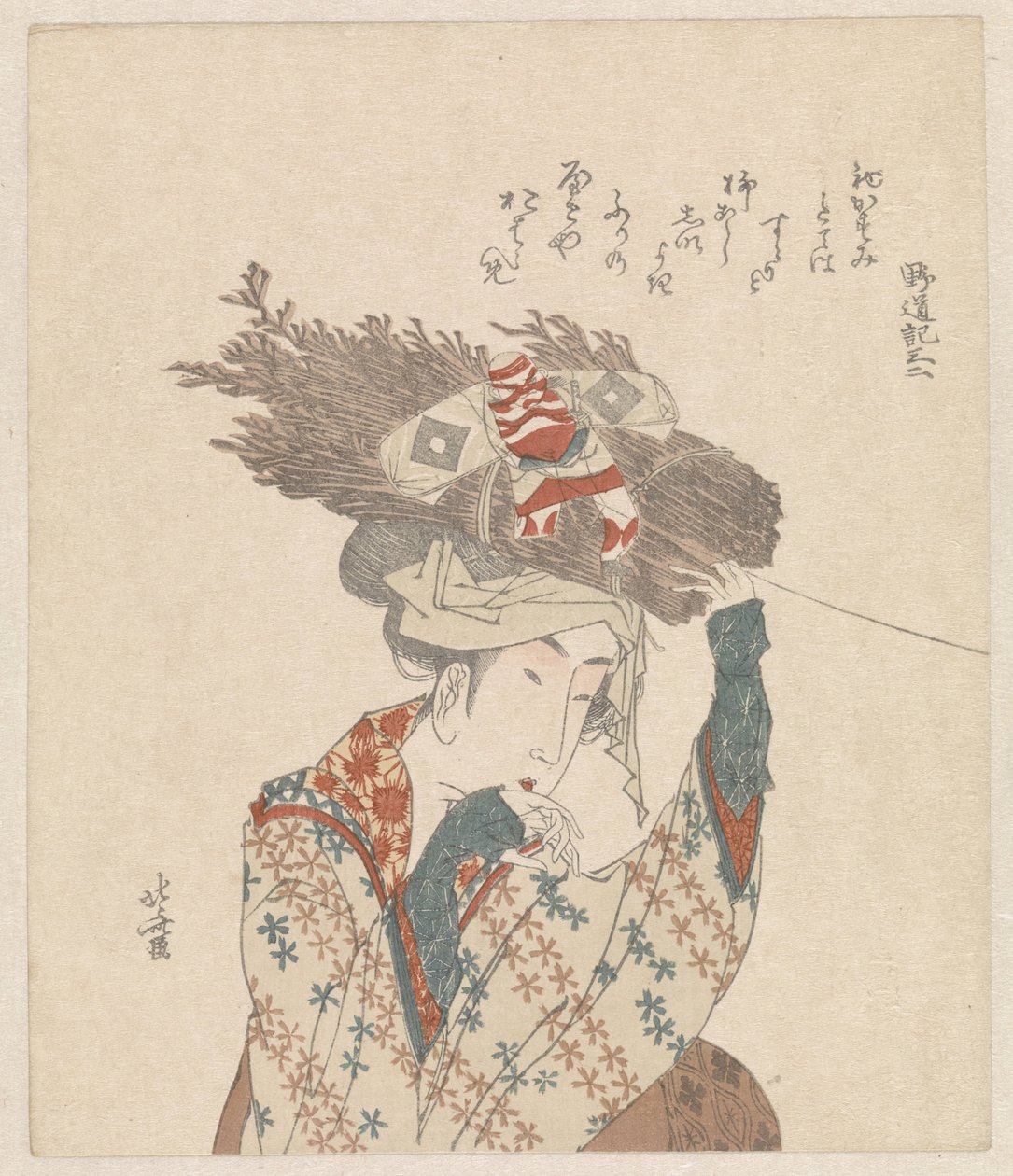 Mulher com feixe de galhos e papagaio de Katsushika Hokusai